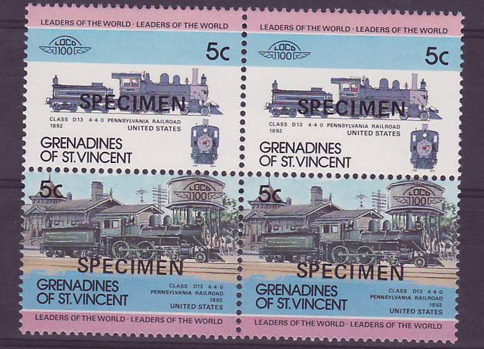 Grenadines of St Vincent 5c Train Class D13 Pennsylvania Railroad 1892 ** Luxe Surcharge SPECIMEN Bloc de 4